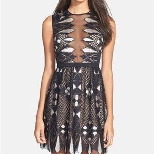 BCBGMaxAzria Kailey Sleeveless Black Lace Geometric A Line Mini Dress